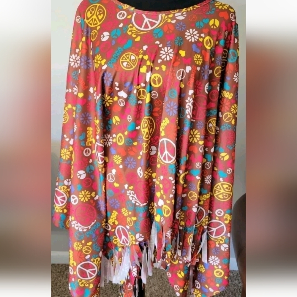 Retro 60s Hippie Cape Shawl Poncho Festival Concert Halloween Brown W Fringe